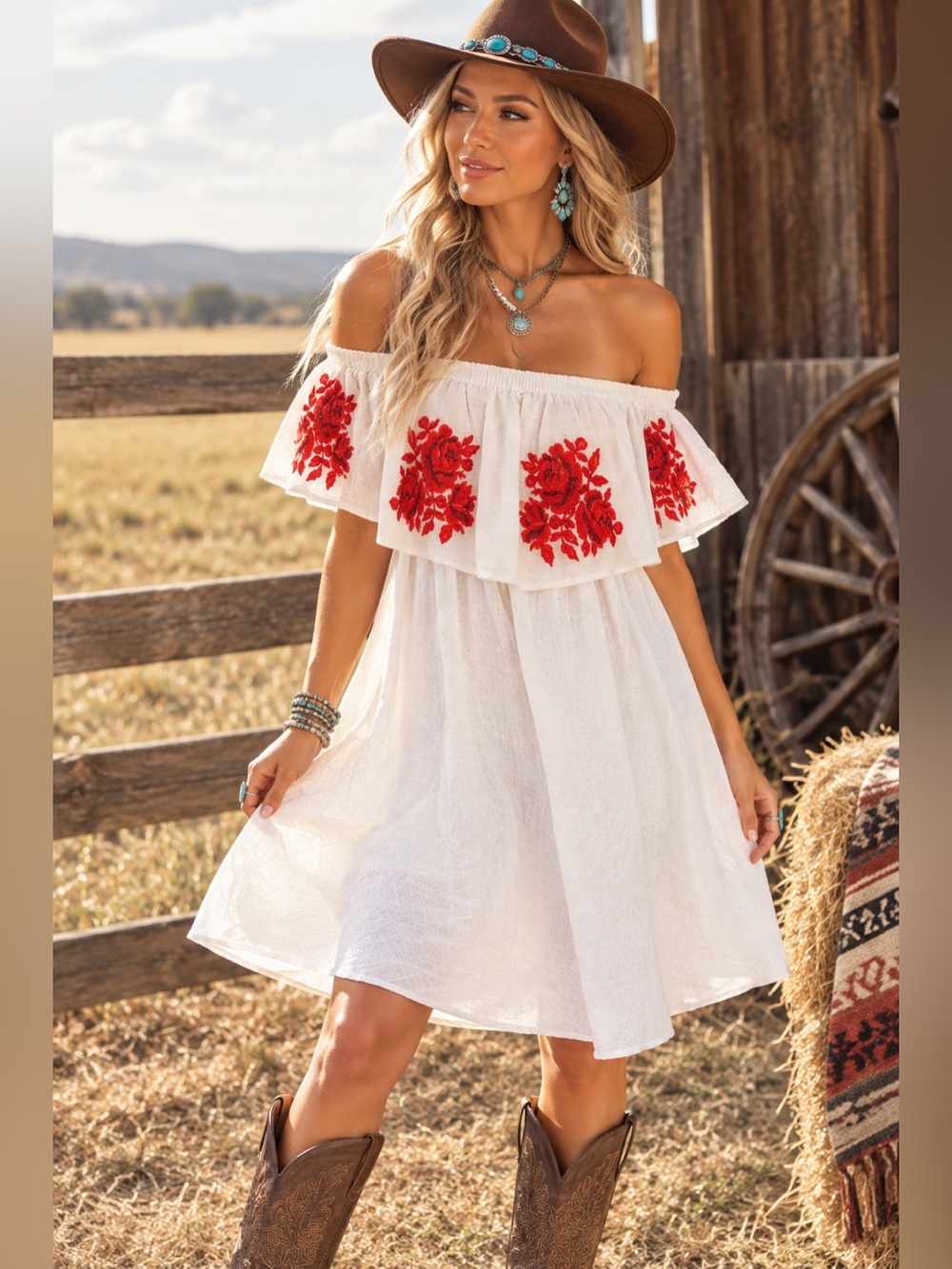 Umgee Off-The-Shoulder Boho Dress with Red Floral Embroidery & Pockets (Sz Large